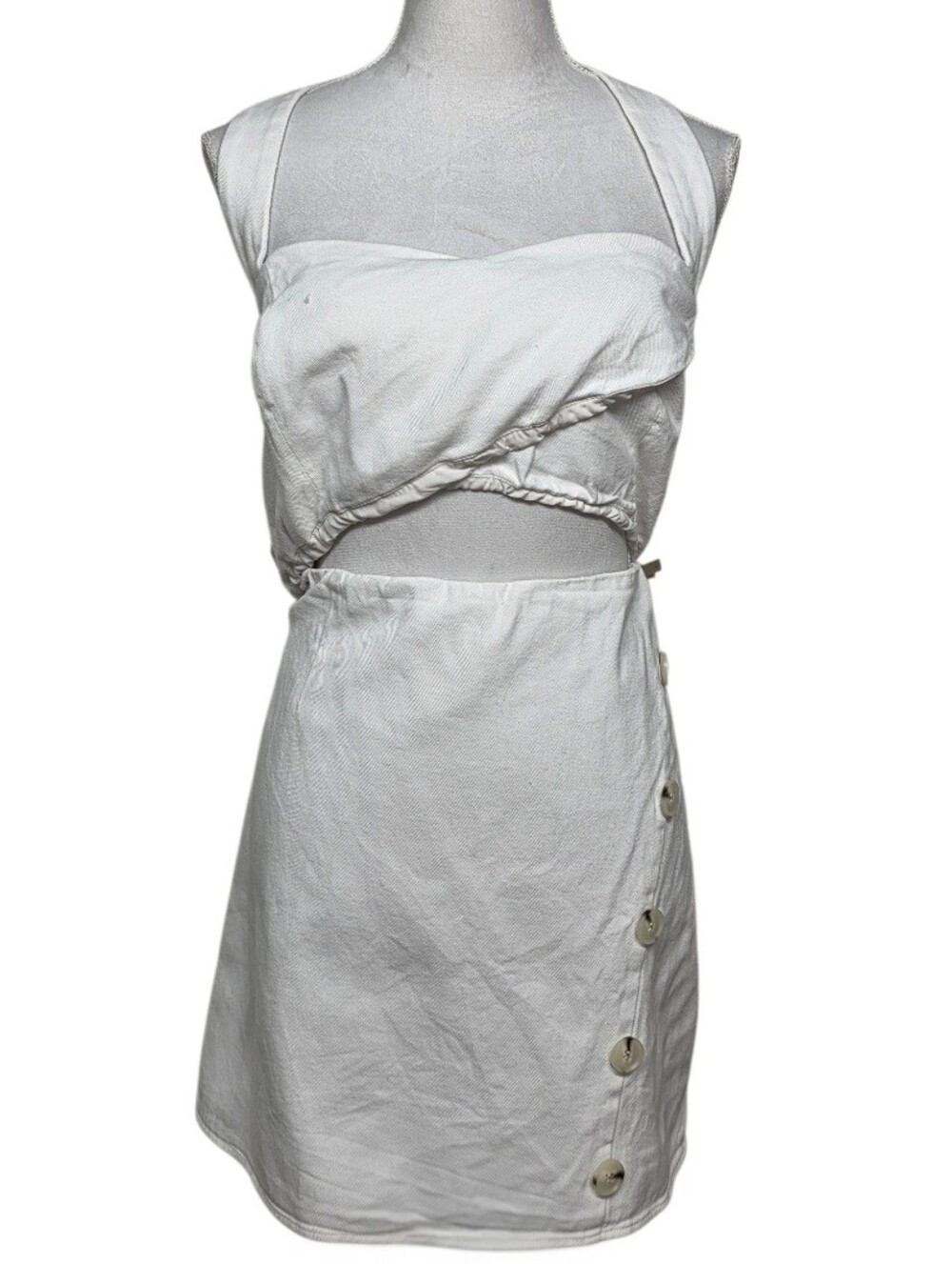 Mare Mare x Anthropologie Off White Cutout Mini Dress with Button-Accent Skirt